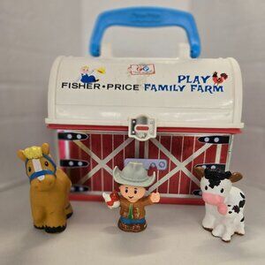 Fisher Price barn style lunch or toy box with 3 chubby f.p. figures